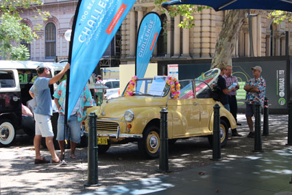 Surfboard and Kombi at the ready at the 100 Beaches challenge launch on George St, Sydney