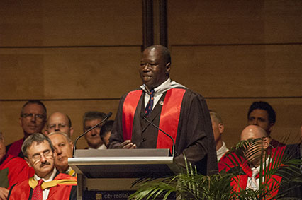 PhD recipient Alfred Olwa gave the address and spoke from Jude