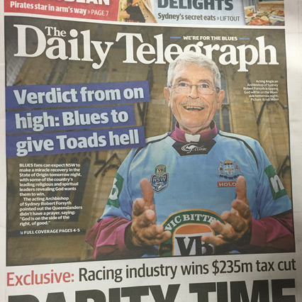 Media Bishop: The front page of the Daily Telegraph in June, before this year's State of Origin